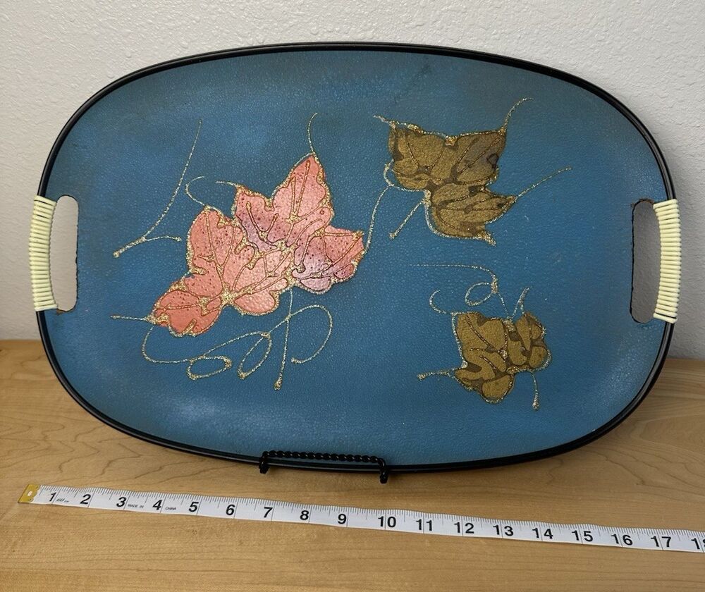 Vintage Norleans Japan Metal Serving Tray Blue Gold Autumn Leaves MCM 18x12